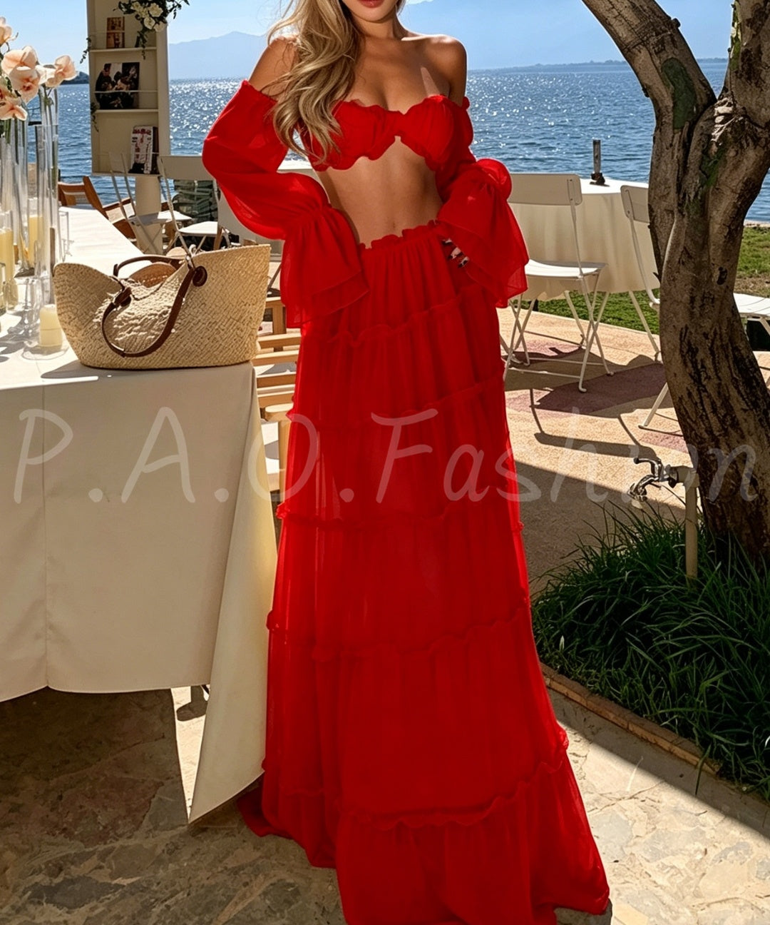 Off-Shoulder Ruffle Crop Top & Tiered Maxi Skirt Vacation Set