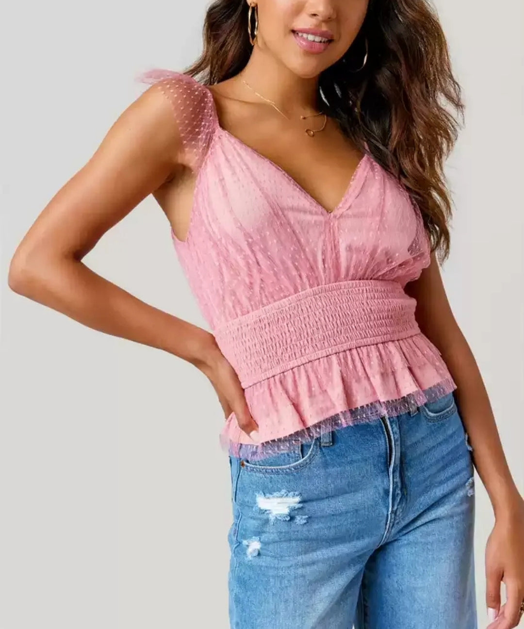 Polka Dot Mesh Ruffle Camisole Crop Top