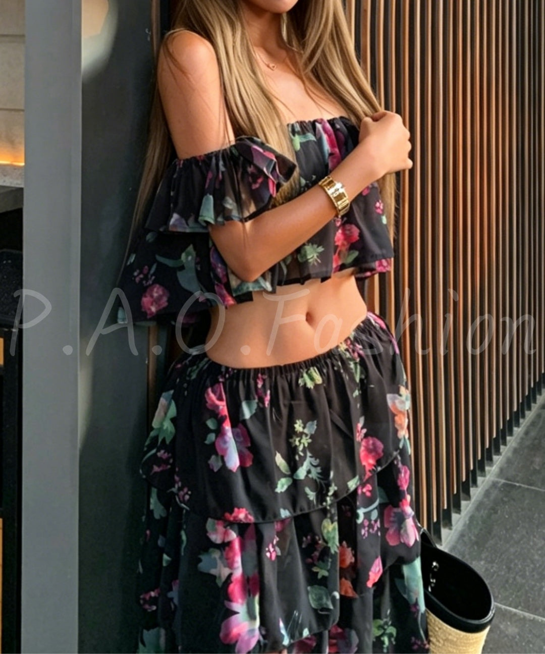 Floral Off-Shoulder Crop Top & Tiered Maxi Skirt Set