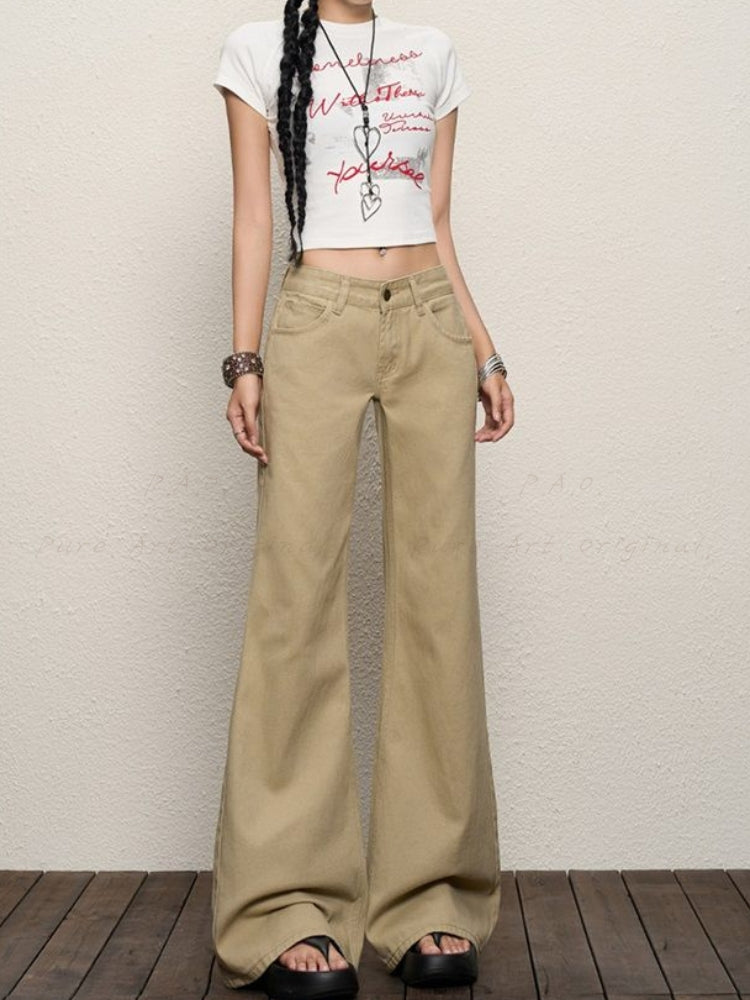 Low-Rise Retro Khaki Flared Trousers