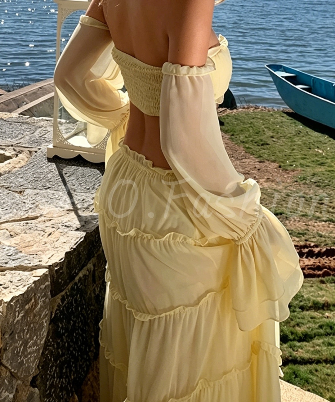 Off-Shoulder Ruffle Crop Top & Tiered Maxi Skirt Vacation Set
