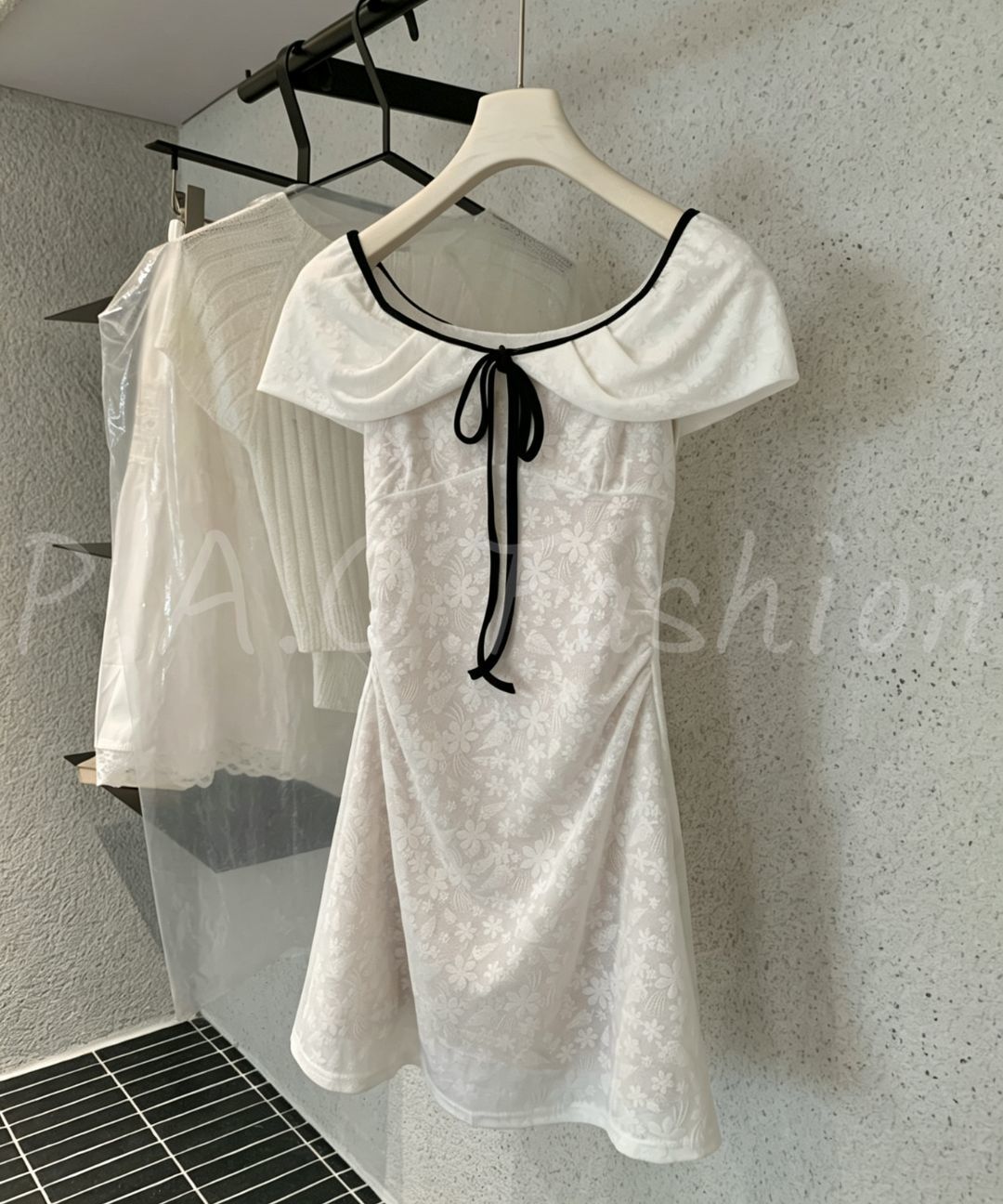 Contrast Trim Off-Shoulder Jacquard Mini Dress