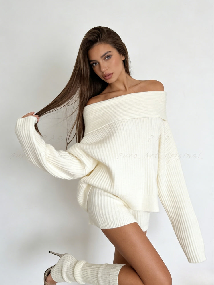 Off-Shoulder Knit Sweater & Relaxed Shorts Two-Piece Set
