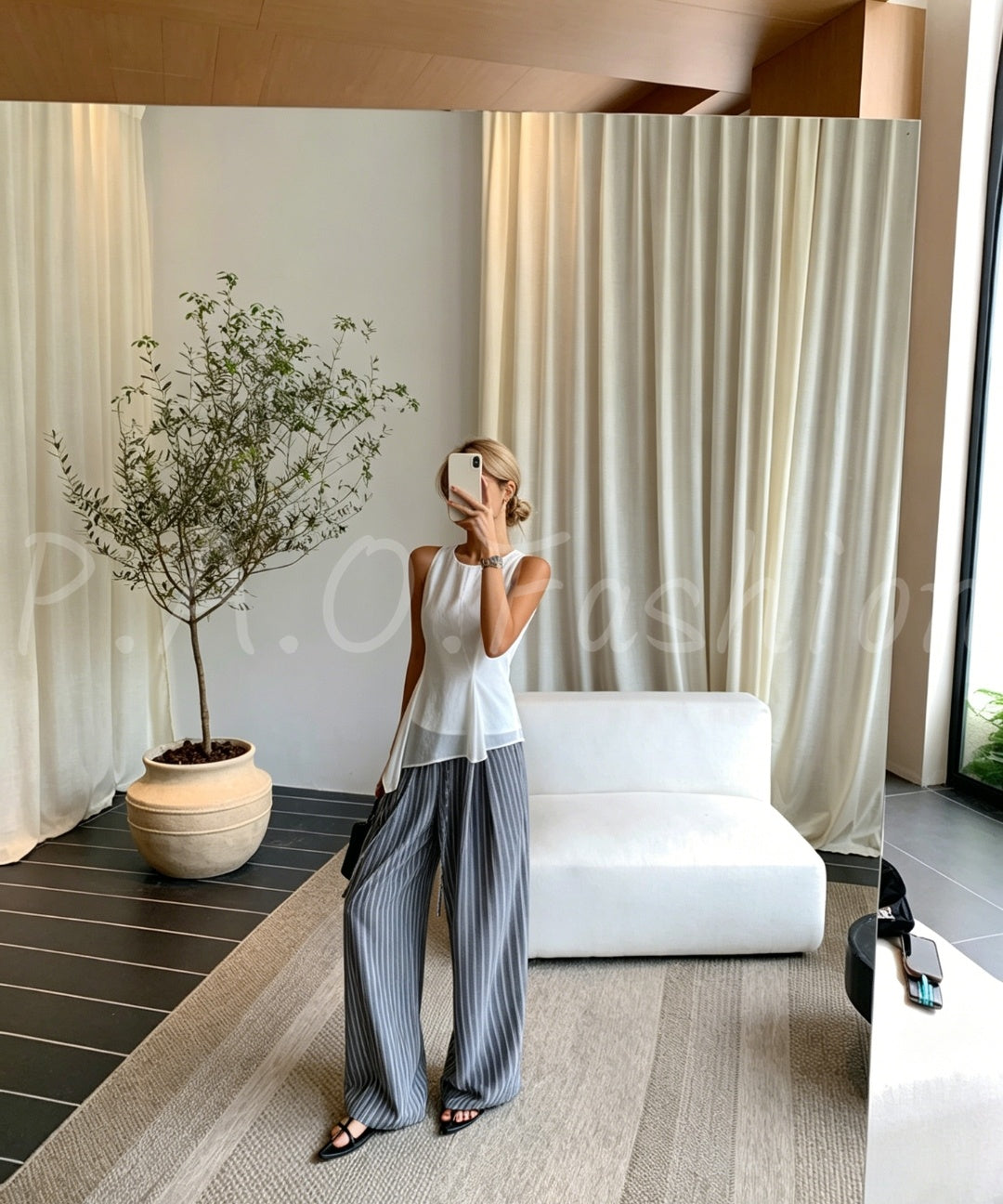 Asymmetrical Waist-Detail Sleeveless Top & Striped Wide-Leg Two-Piece Set