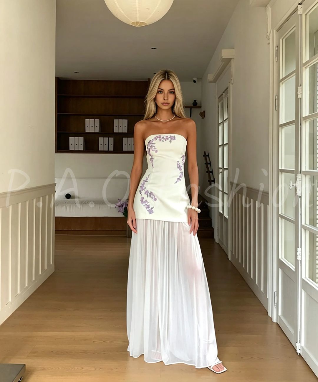 Wisteria Embroidered Strapless Pleated Chiffon Maxi Dress