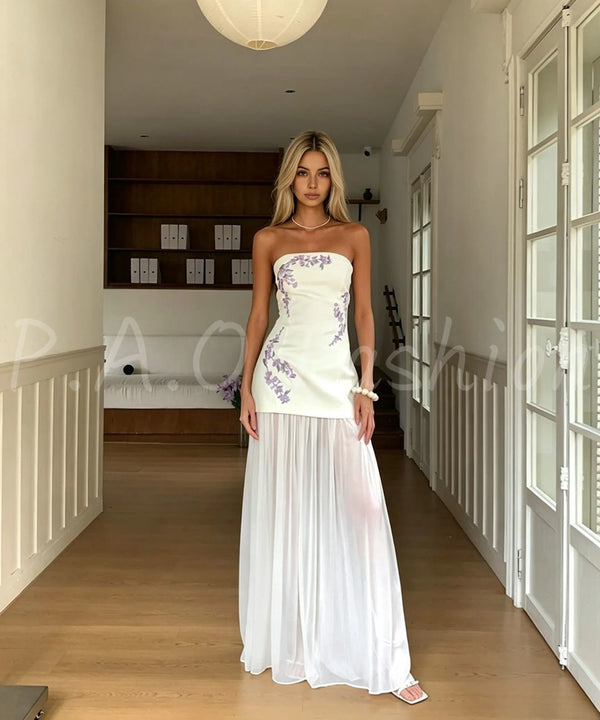 Wisteria Embroidered Strapless Pleated Chiffon Maxi Dress