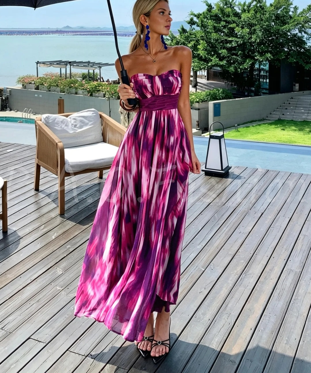 Convertible Strapless Tie-Dye Chiffon Maxi Dress