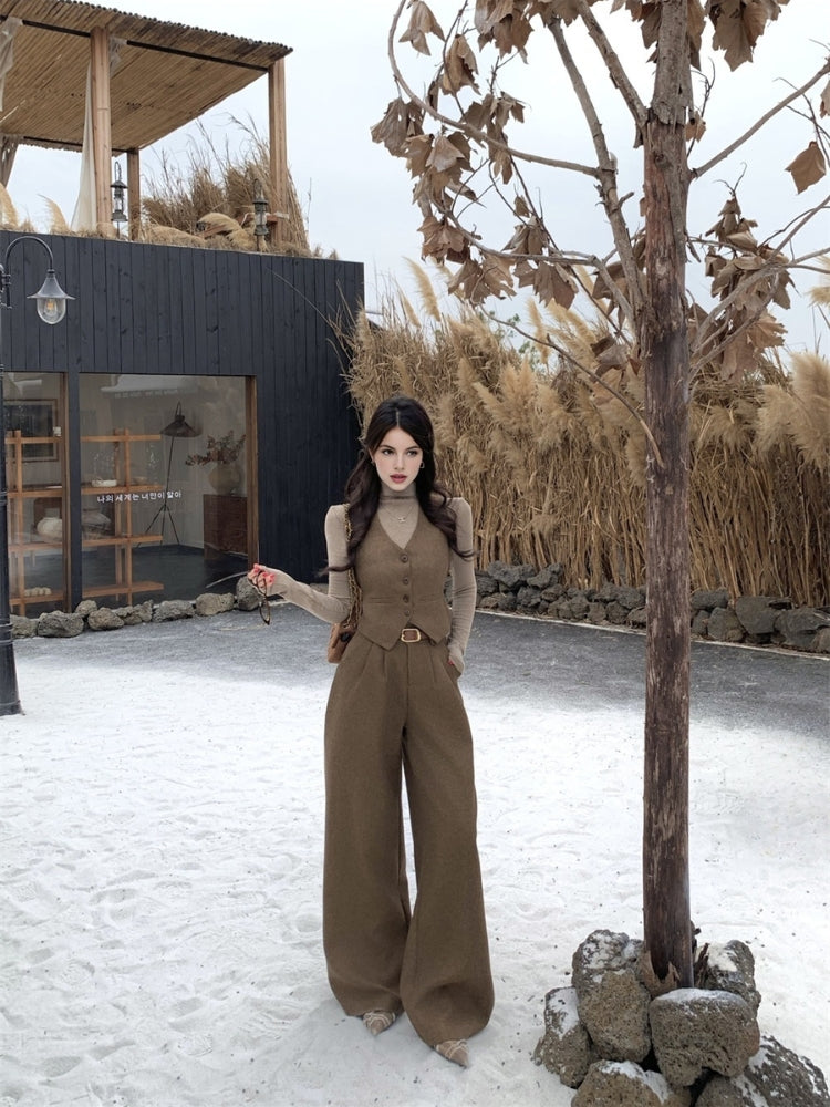 Old Money–Inspired Single-Breasted Vest & Wide-Leg Trousers 3-Piece Set