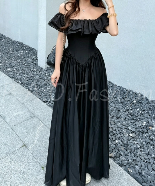Off-Shoulder Ruffle Corset Maxi Dress