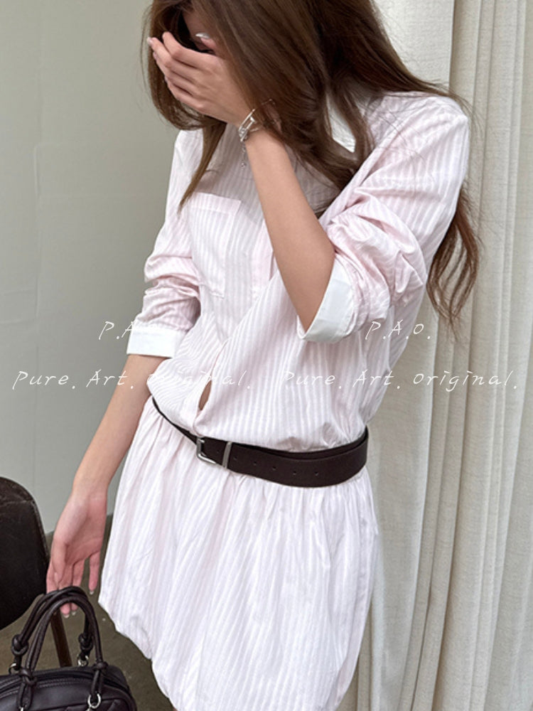 Blush Stripe Bubble Hem Shirt Dress