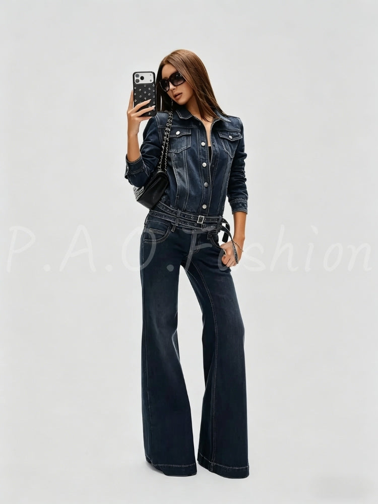 Vintage Belted Denim Jacket & Flared Jeans Set