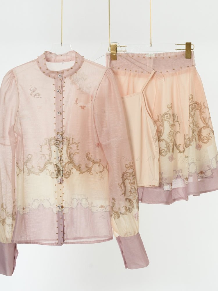 Vintage Print Collar Top & Flared Mini Skirt 3-Piece Set