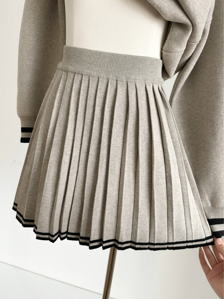 Relaxed Polo-Collar Sweatshirt & High-Waist Pleated Mini Skirt Set