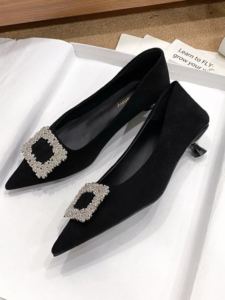 French-Style Pointed-Toe Suede Mid-Heel Shoes with Rhinestone Detail