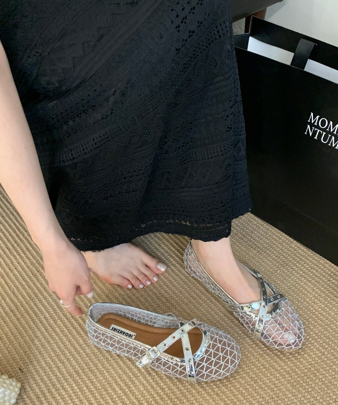 Fishnet Mesh Mary Jane Flats with Double Strap