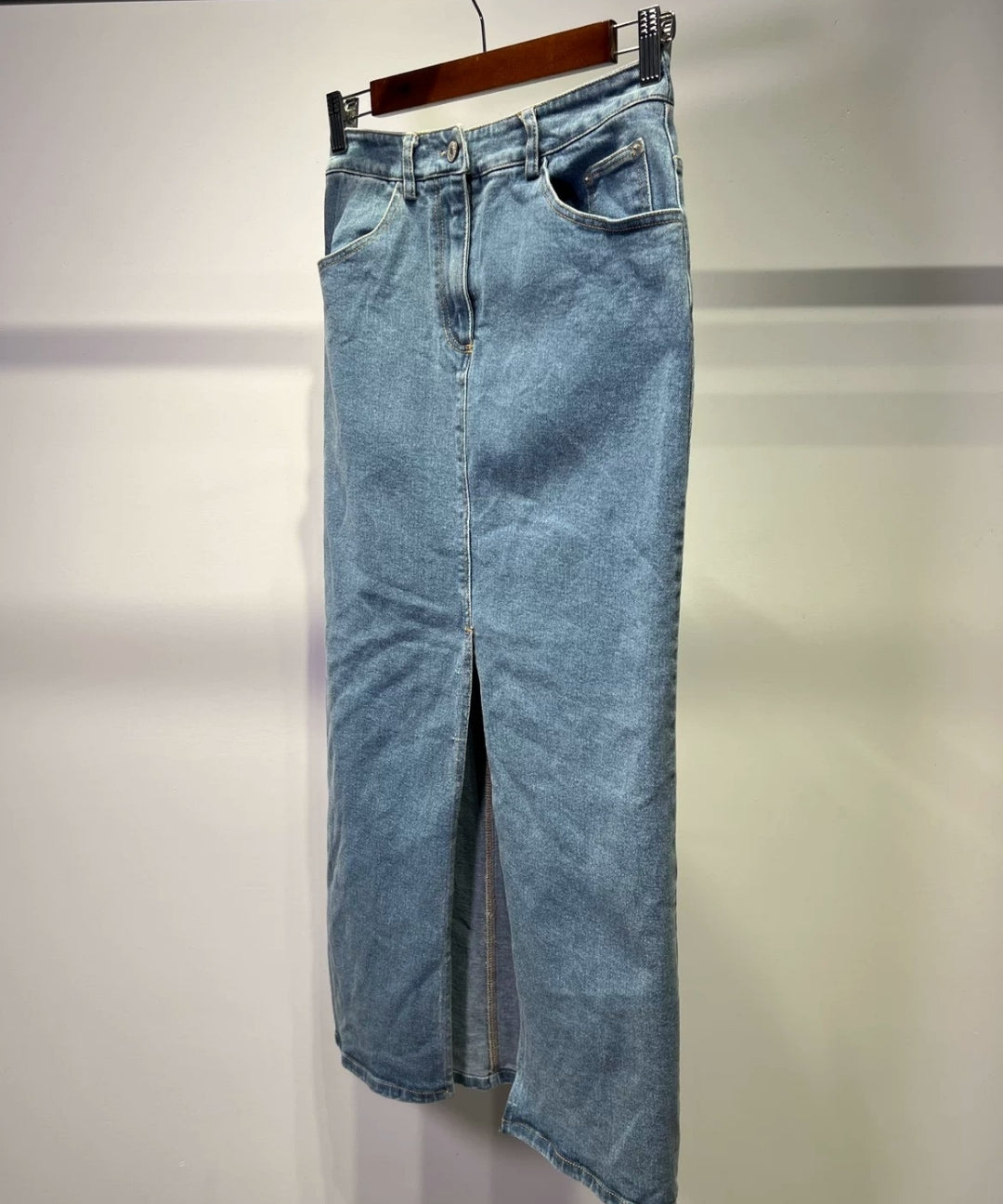 High-Waisted Front Slit Denim Straight Maxi Skirt