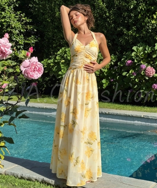Floral Halter V-Neck Maxi Dress
