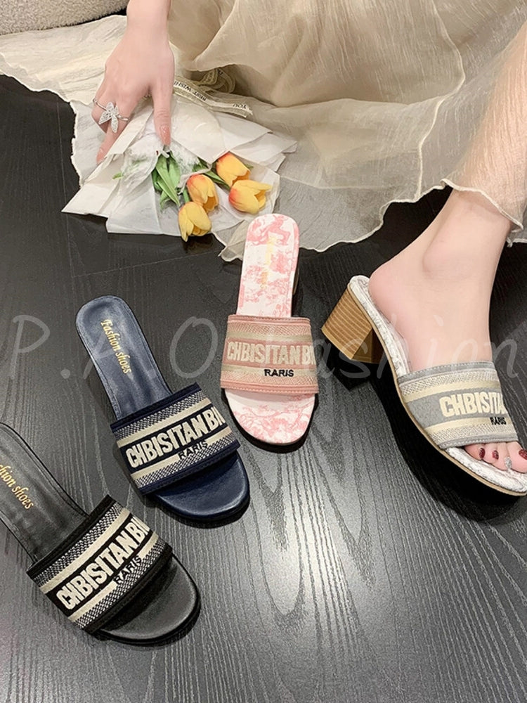 Embroidered Square-Toe Block Heel Slide Sandals