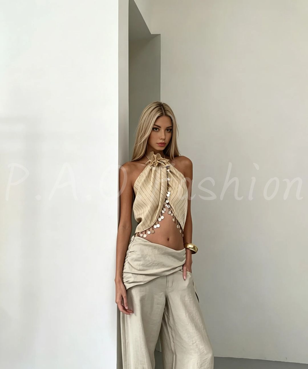 Textured Halter Flower Top & Wide-Leg Pants Set