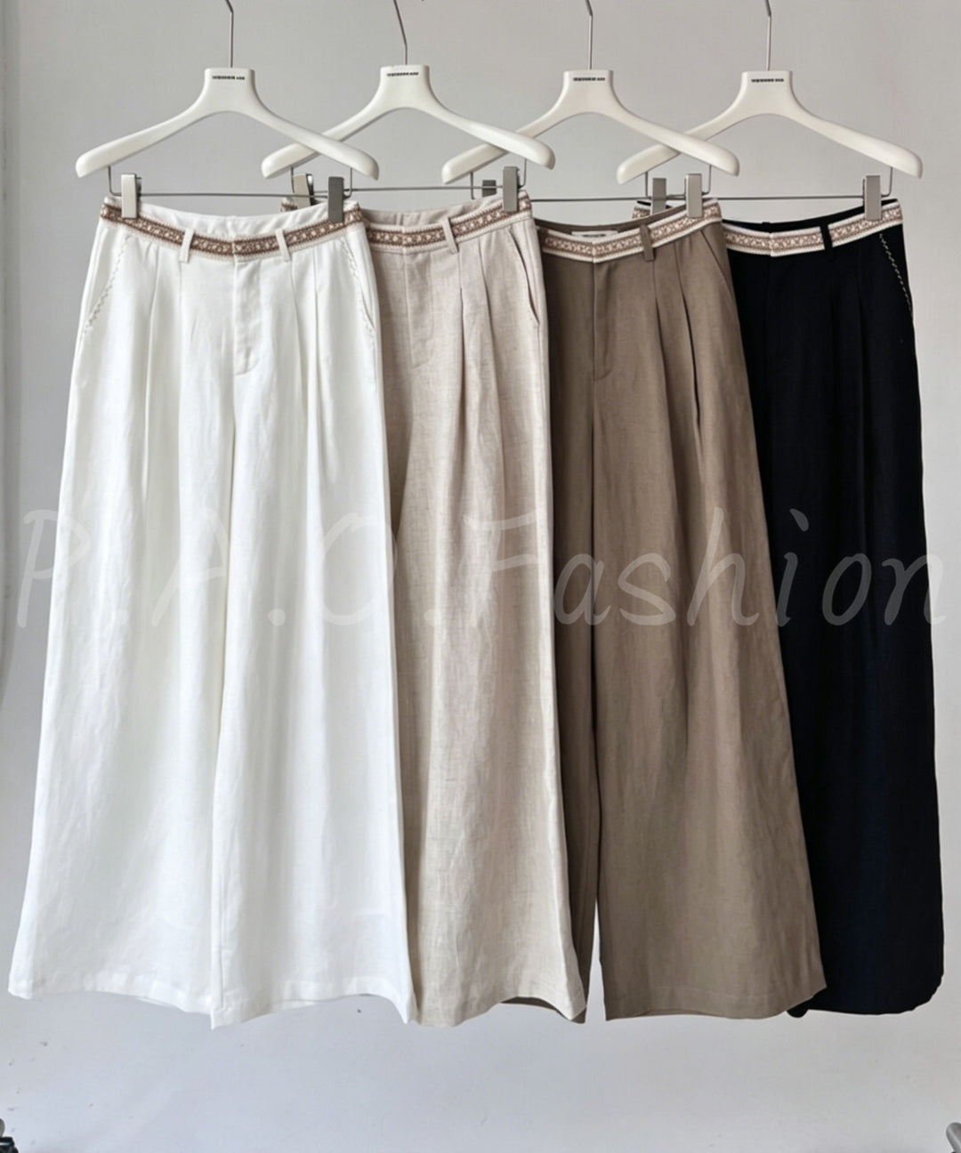 Embroidered Linen Wide-Leg Pants
