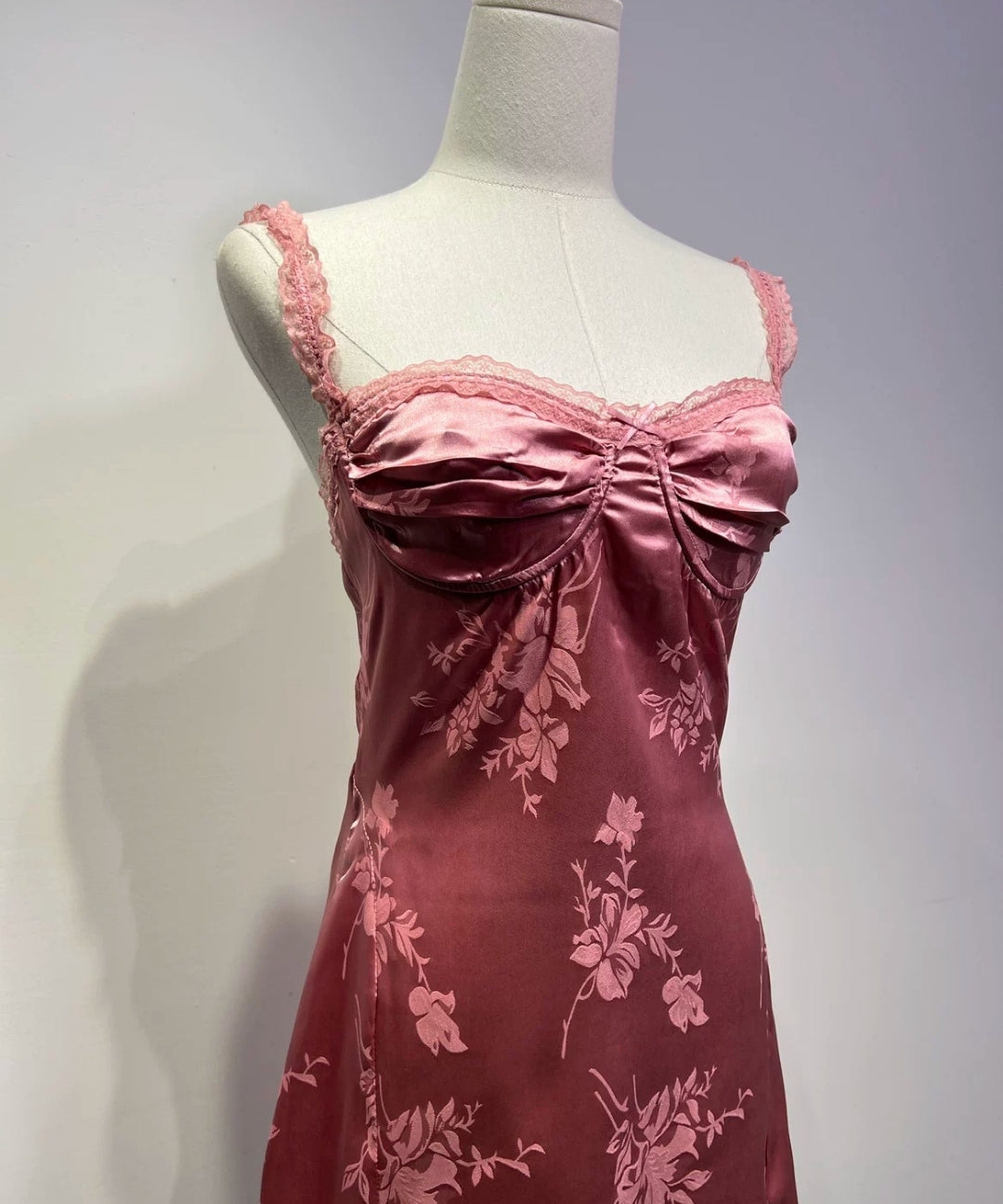 Satin Jacquard Lace-Trim Cami Dress