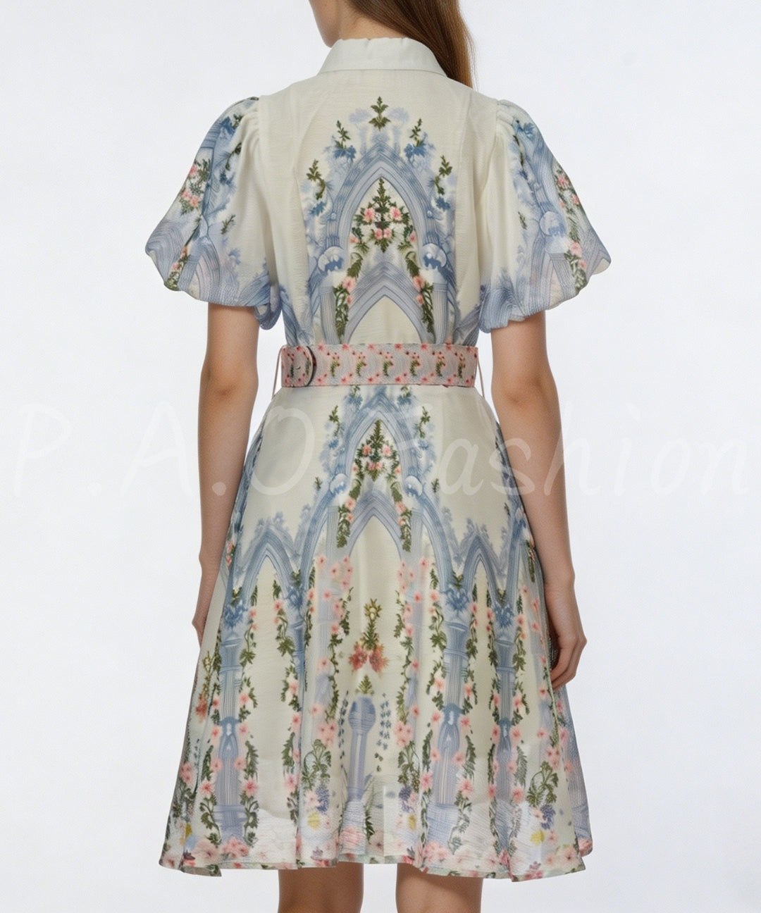 Garden Print Puff Sleeve Waist Dress[Available Now]