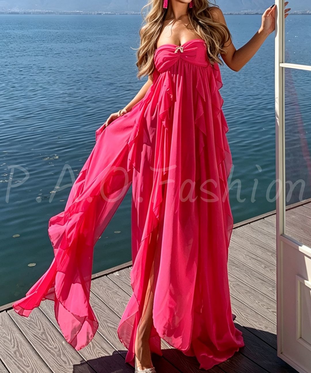 Rhinestone Bow Bandeau Ruffle Slit Chiffon Maxi Dress