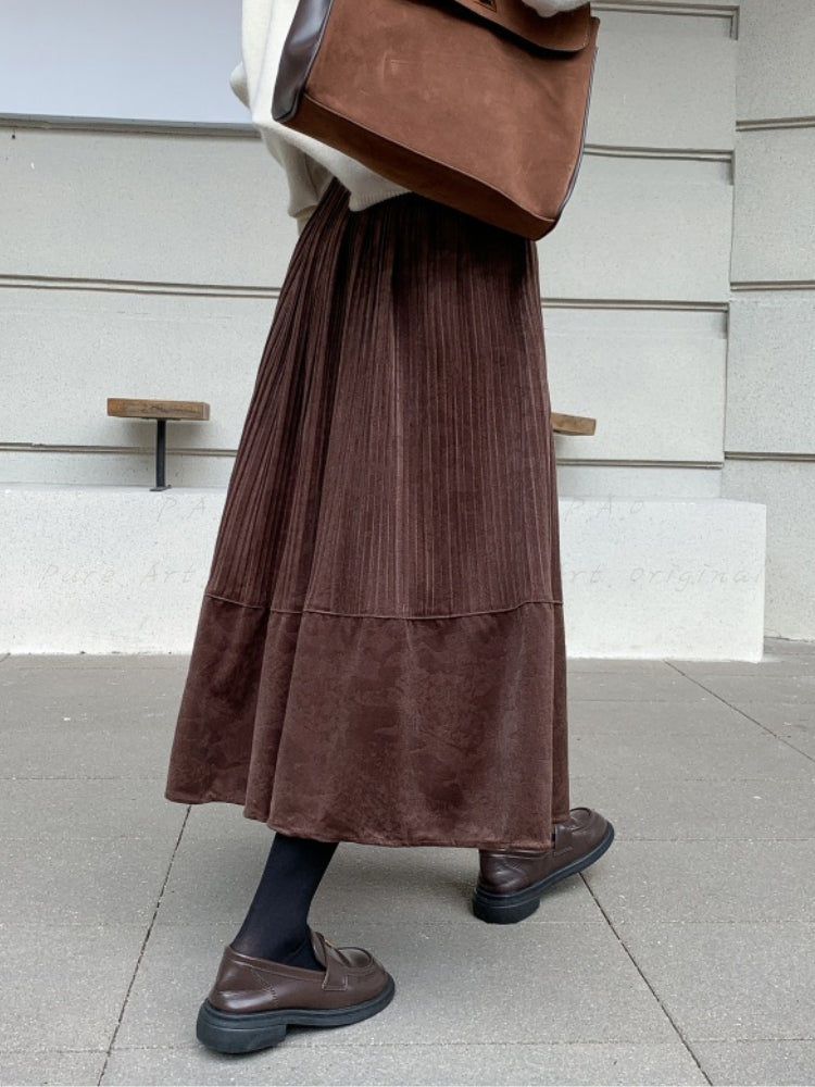 Vintage Suede-Like Pleated A-Line Skirt