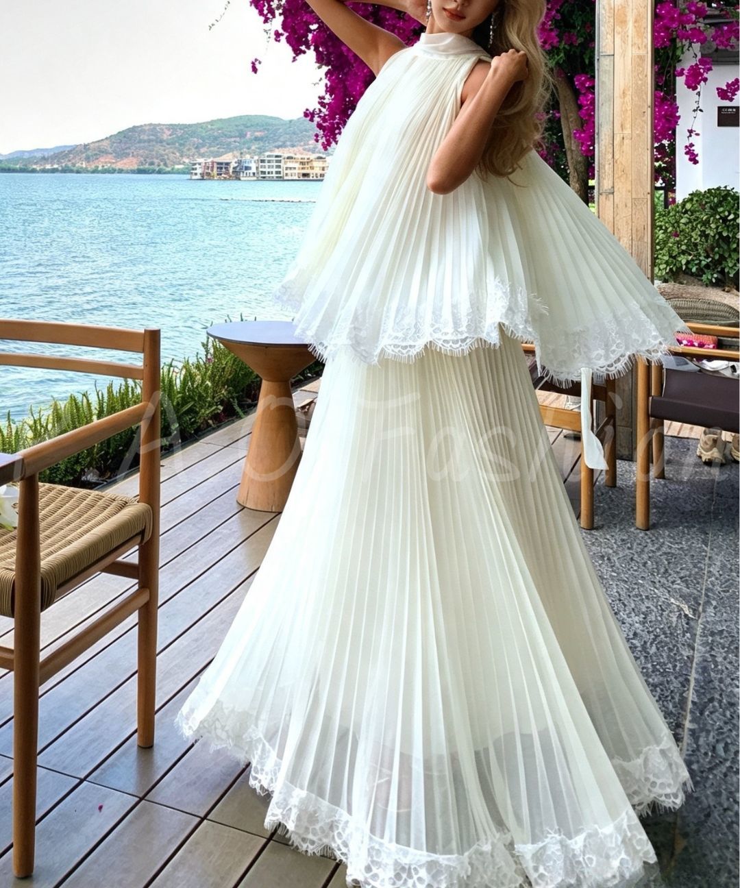Halter Pleated Lace Maxi Skirt Two-Piece Set