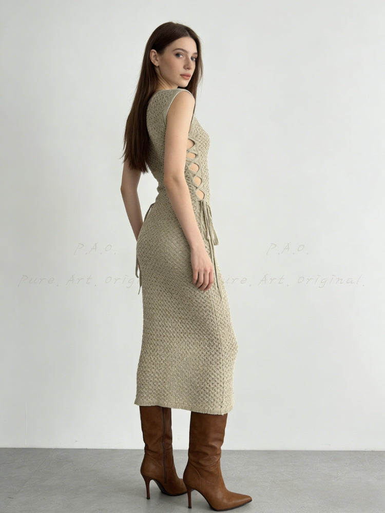 Lace-Up Cutout Knit Midi Dress