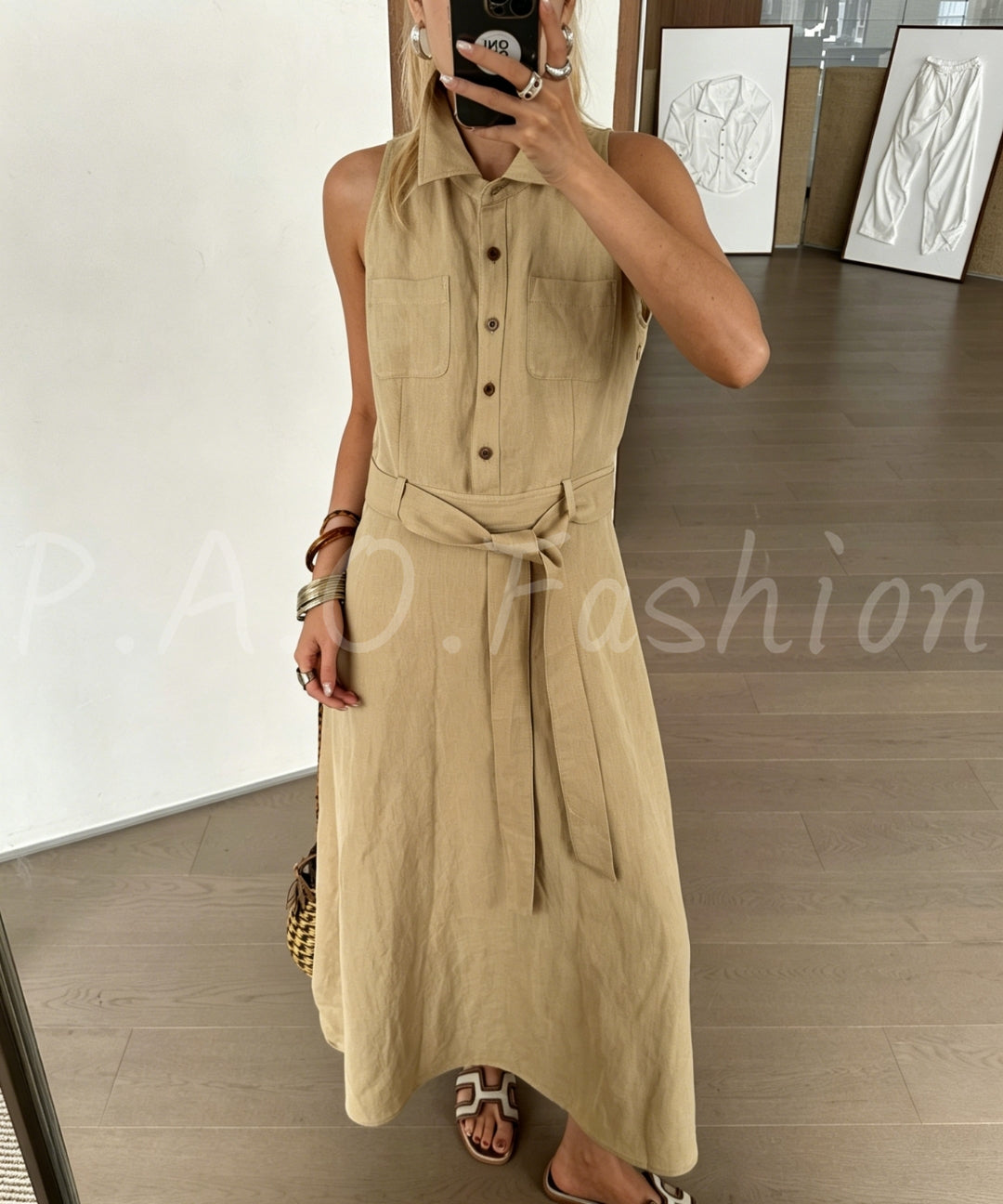 Linen Blend Sleeveless Shirt Dress