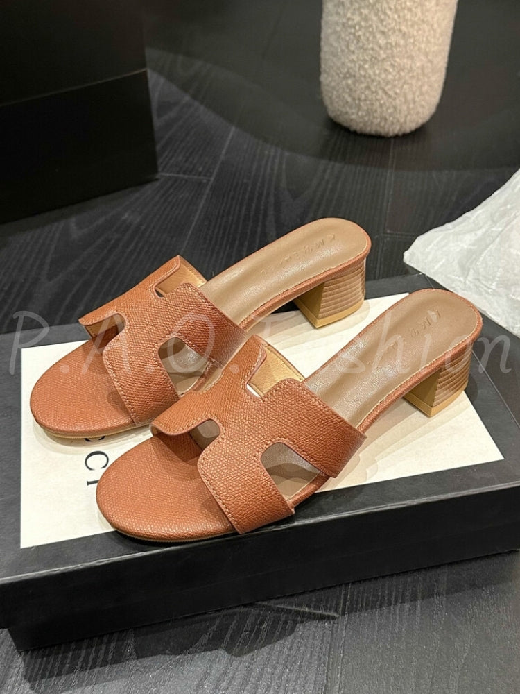 Classic H-Strap Square-Toe Block Heel Slide Sandals