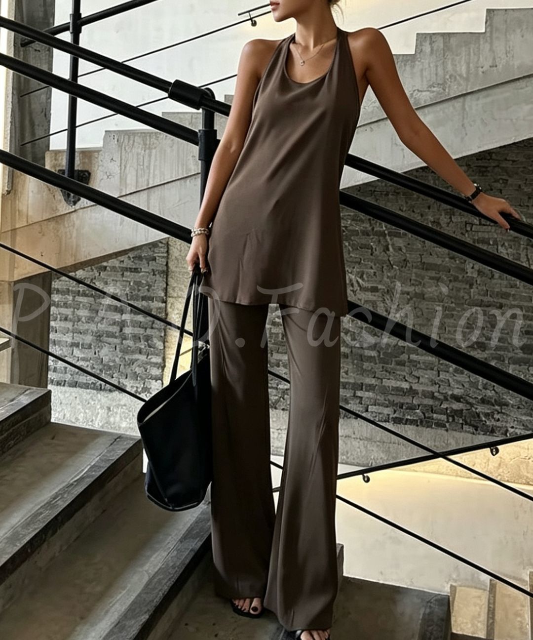 U-Neck Racerback Long Tank & Wide-Leg Flare Pants Set