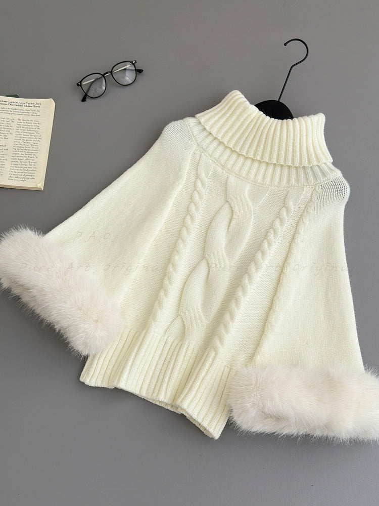Faux Fox Fur Cuff Turtleneck Wool-Blend Cable Knit Sweater