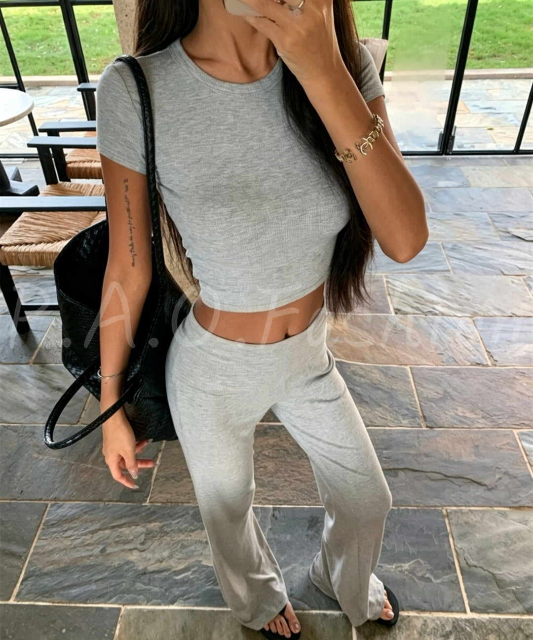 Fitted Cropped Tee & Flared Pants Set[Available Now]