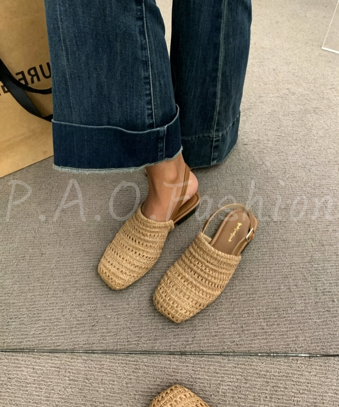 Woven Square-Toe Flat Sandals with Back Strap