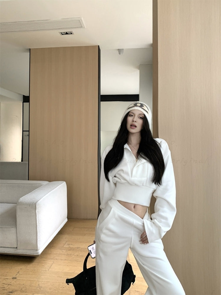 Cinched Waist Half-Zip Mock Neck Sweatshirt & Wide-Leg Pants Set