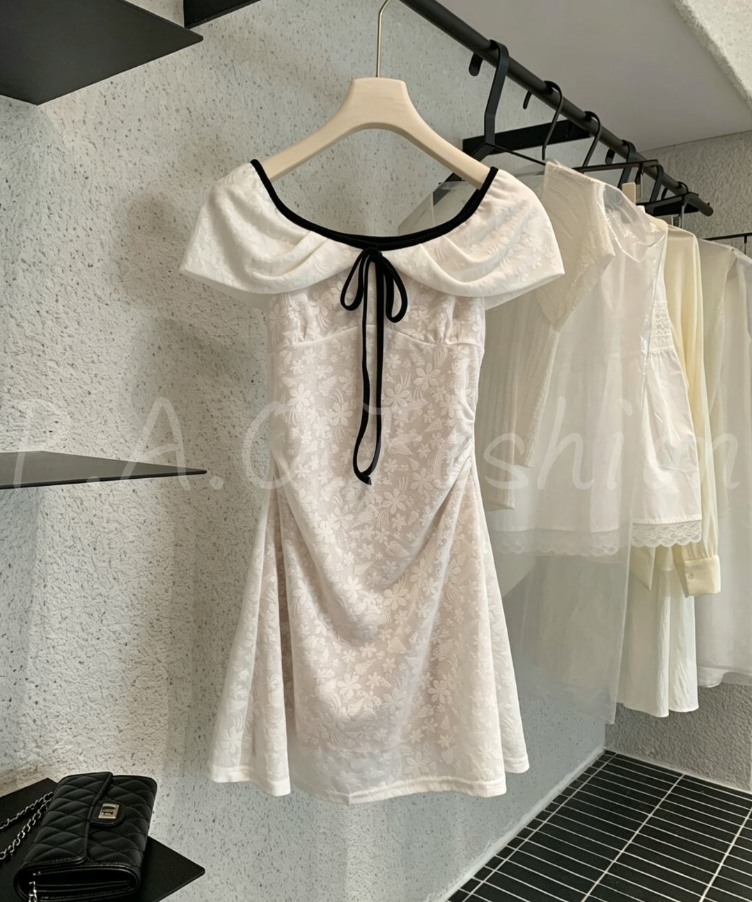 Contrast Trim Off-Shoulder Jacquard Mini Dress