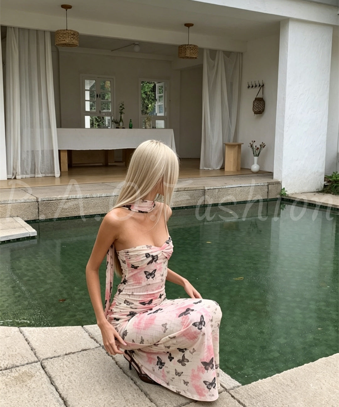 Butterfly Print Draped Scarf Mermaid Maxi Dress