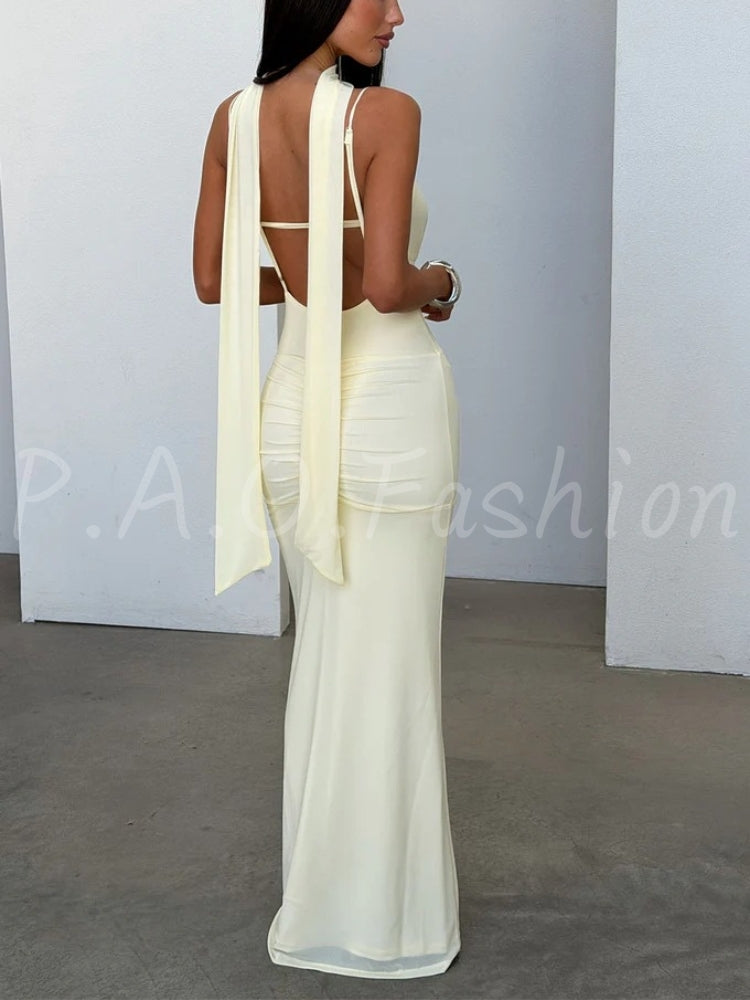 Halter Backless Maxi Dress – Ruched Bodycon Long Dress