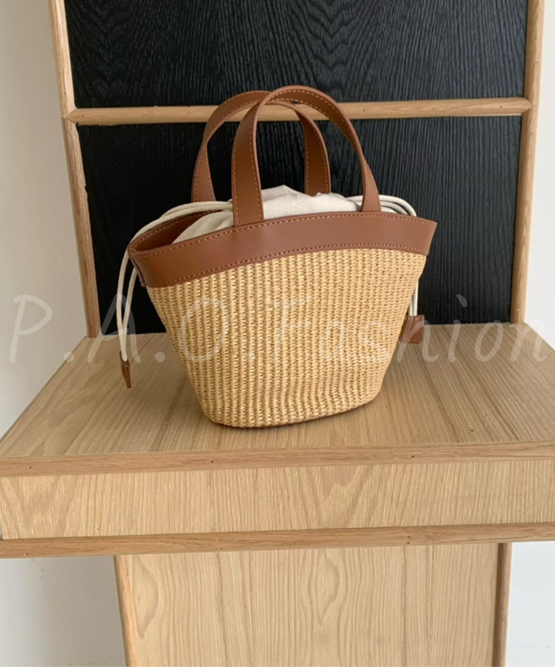 Straw & Leather Crossbody Bucket Bag