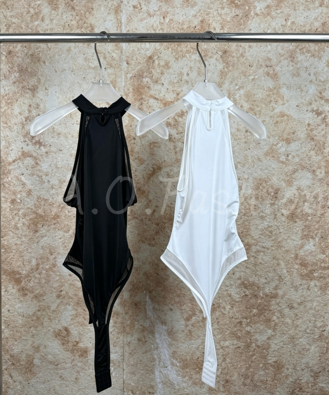 Mesh Panel Halter Bodysuit[Available Now]
