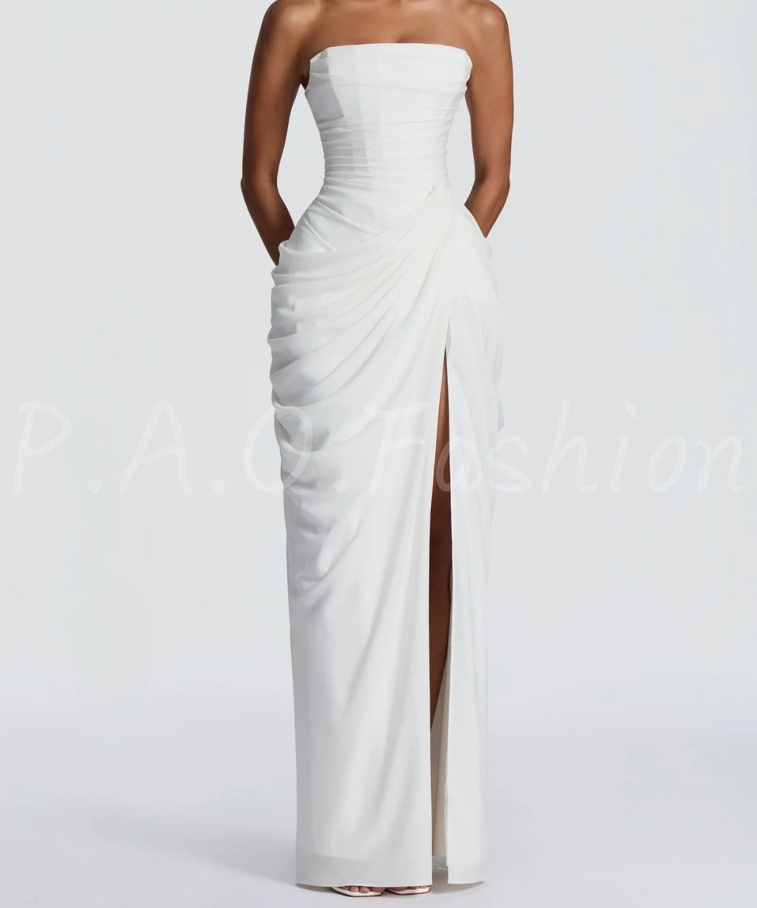 Strapless Ruched Slit Maxi Dress[Available Now]