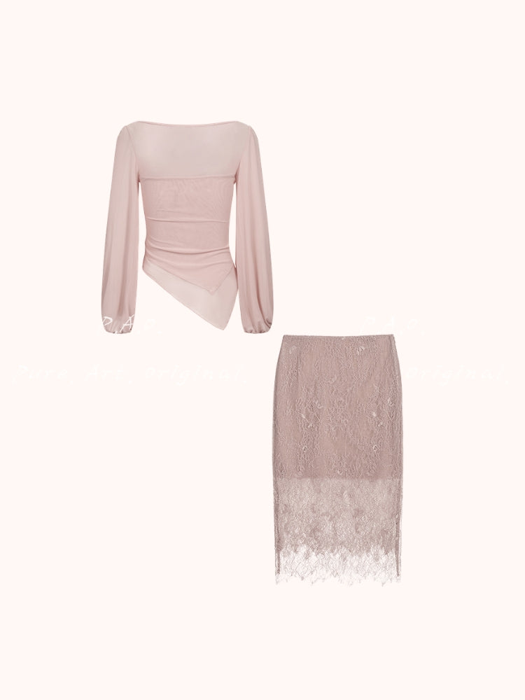 V-Neck Mesh Lace Skirt Set