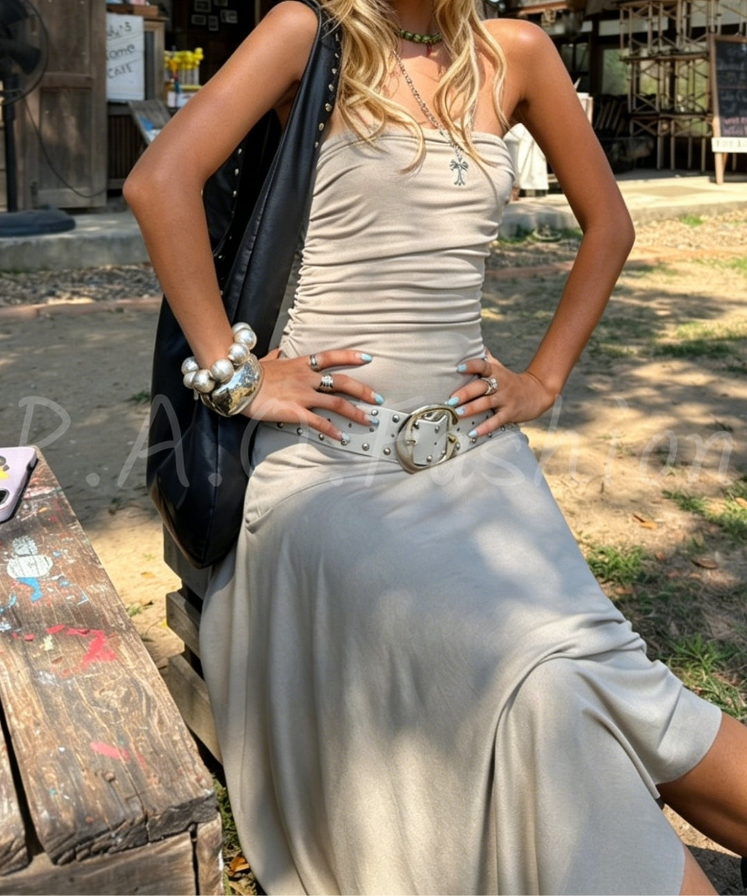 Strapless Ruched Belted Maxi Dress[Available Now]