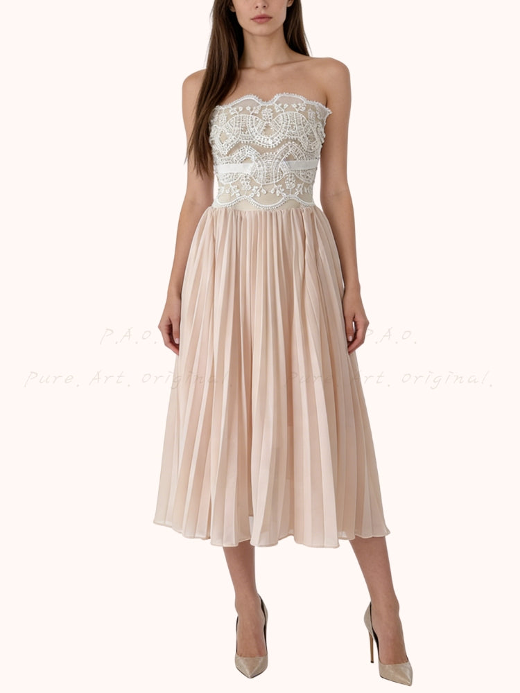 Lace Trim Pleated Strapless Midi Dress