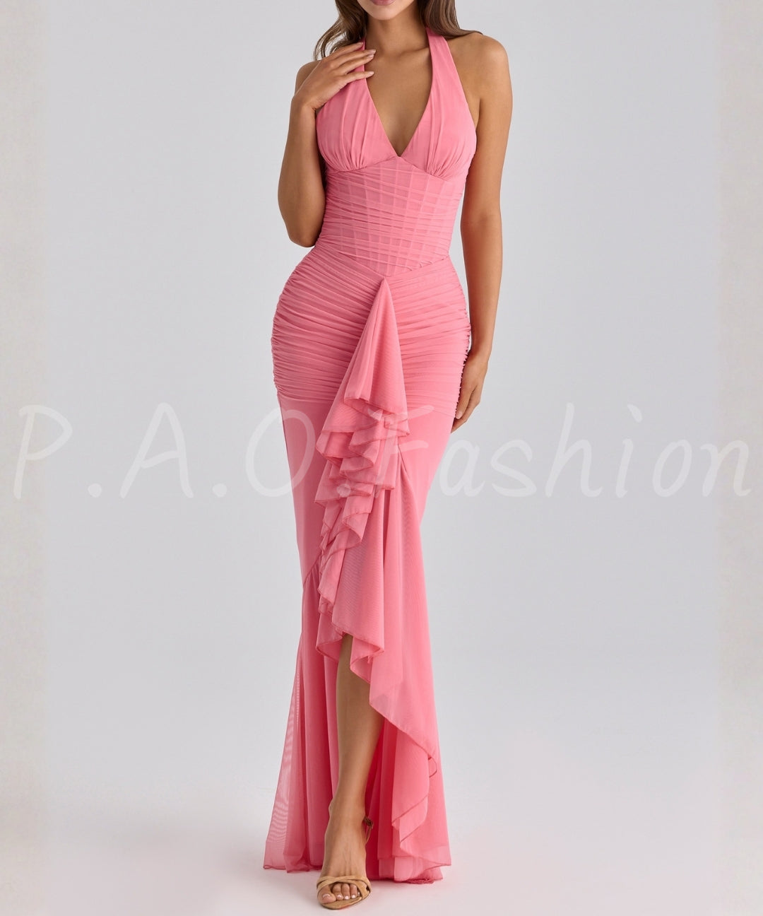 Halter Mesh Ruched Slit Maxi Dress[Available Now]