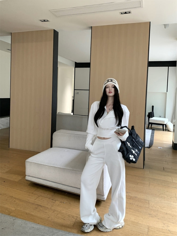 Cinched Waist Half-Zip Mock Neck Sweatshirt & Wide-Leg Pants Set