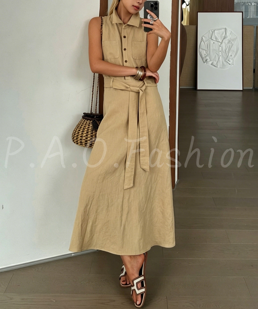 Linen Blend Sleeveless Shirt Dress