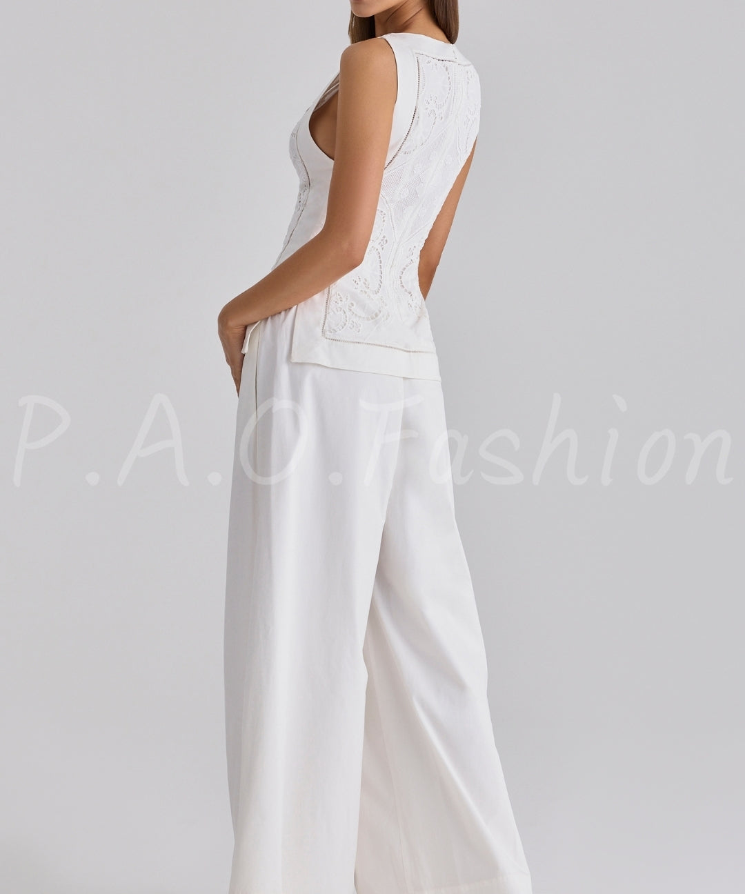 Lace Broderie Anglaise Boat Neck Top & Wide Leg Trousers Set[Available Now]